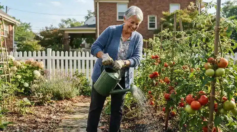 An older woman watering tomato plants with a green watering can in a sunny backyard garden