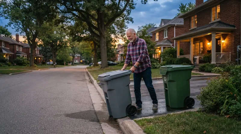 Two green and gray trash bins at the curb of a suburban driveway at dusk with an older man rolling one into place