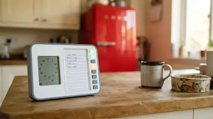 A small white desk clock with a handwritten task card and a column of square buttons on a kitchen counter in morning light, slow zoom