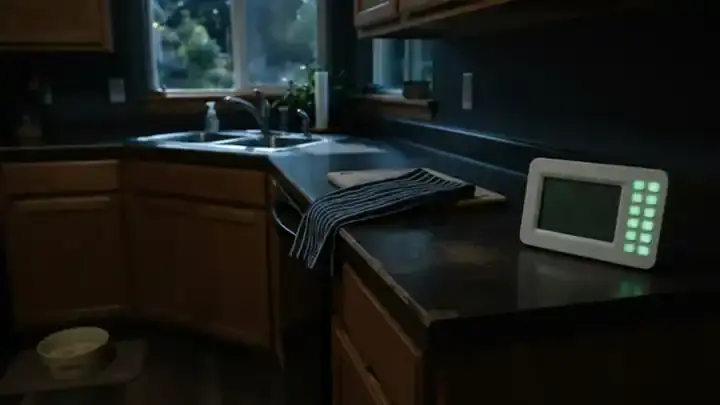 A kitchen counter at night with a small desk clock showing a row of soft green lights beside a dark window, slow zoom