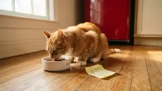 An orange tabby cat eating from a ceramic bowl on a kitchen floor next to a fallen yellow sticky note in morning light