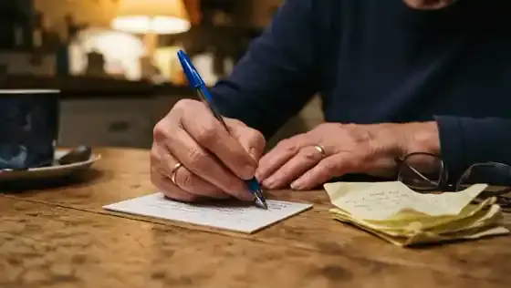 A hand writing neat lines on a small ruled white card with a ballpoint pen at a kitchen table, a stack of peeled yellow sticky notes beside it